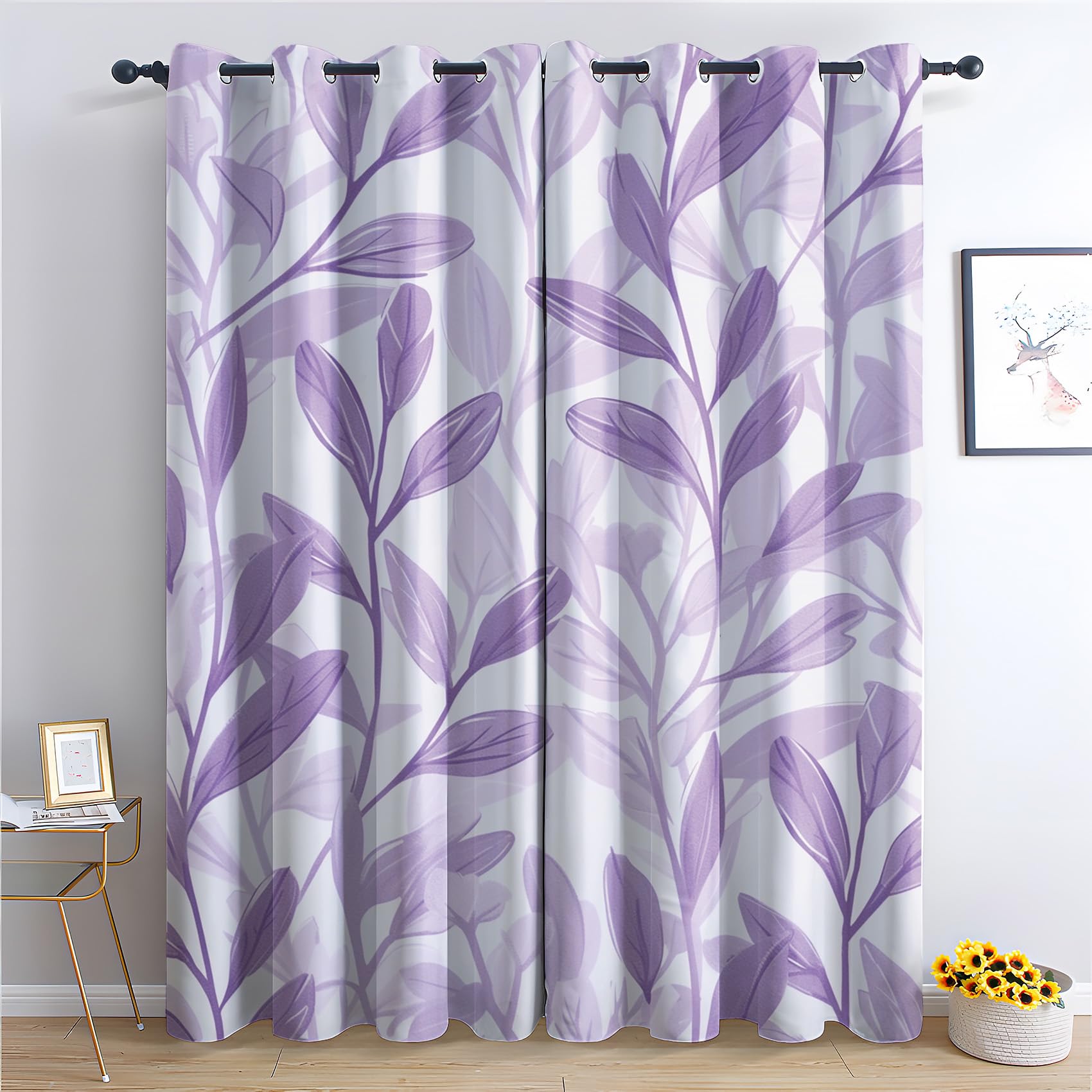 Leaf Curtains for Bedroom Living Room - Girls Purple Leaves Blackout Curtains 66 x 72 Inch (Width x Drop), Thermal Insulated Eyelet Curtains & Drapes, Decorative Patterned Window Treatments X-&29