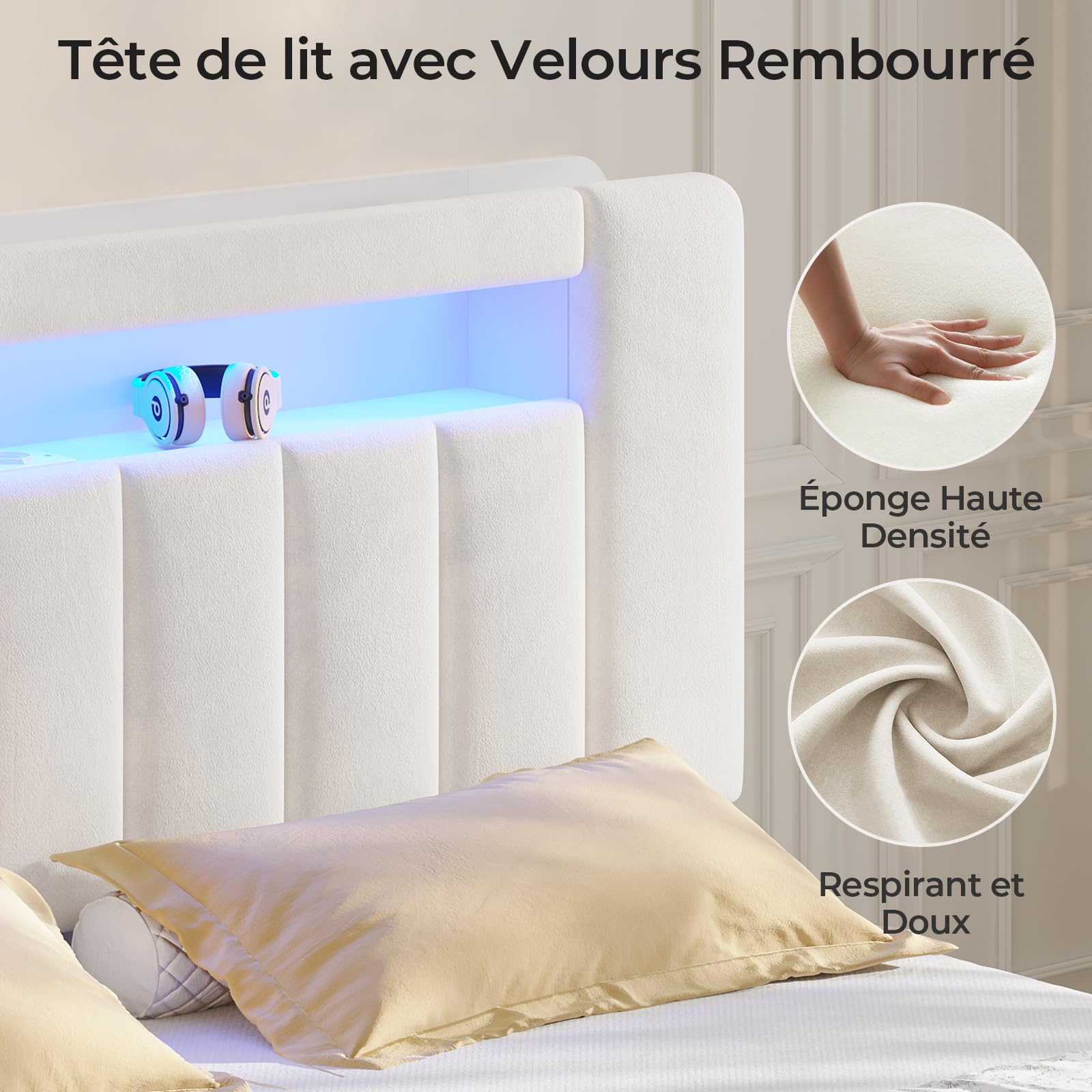 AOGLLATI Lit 140x190 à LED avec Multiprise et 4 Grands Tiroirs, Cadre de Lit avec Sommier à Latte et Tête de Lit Capitonnée Sommier avec Rangement, Moderne sans Matelas (Velours Beige, 140x190cm)