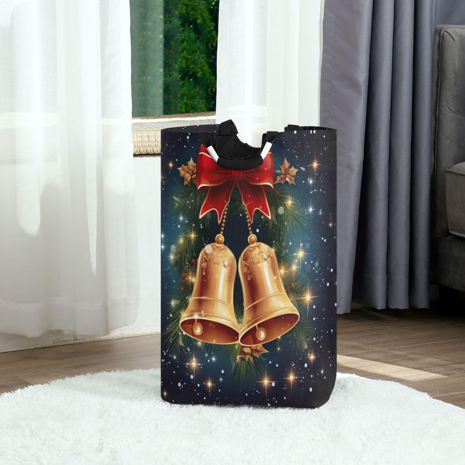 Jihqo Laundry Hamper Basket Christmas Bells with Bowknots Collapsible Nursery Storage Bin Waterproof Clothing Baskets for Home Bedroom Bathroom Washing Room