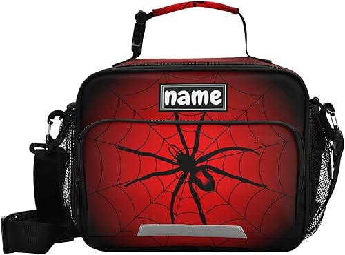 Glaphy Bolsa de almuerzo personalizada de tela de araña de Halloween roja y negra para niños y niñas, personalizada, con tu nombre, lonchera aislada