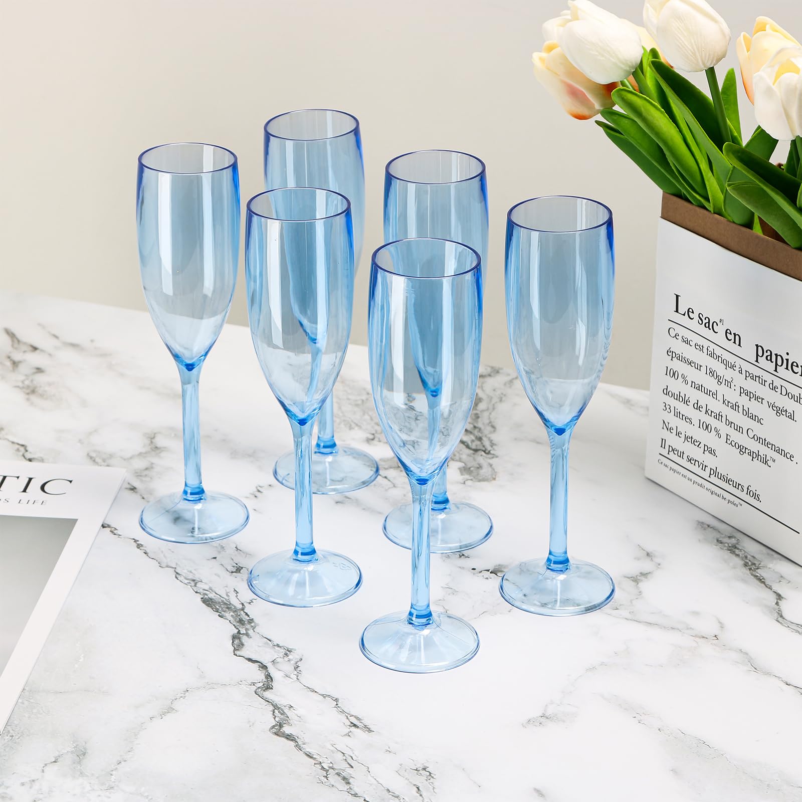 XUWAIDSGN 24 copas de champán de plástico a granel, copas de champán vintage, copas de bar de mimosa, vasos de 153.1 g para Navidad, cumpleaños, boda, novia (24, azul transparente)