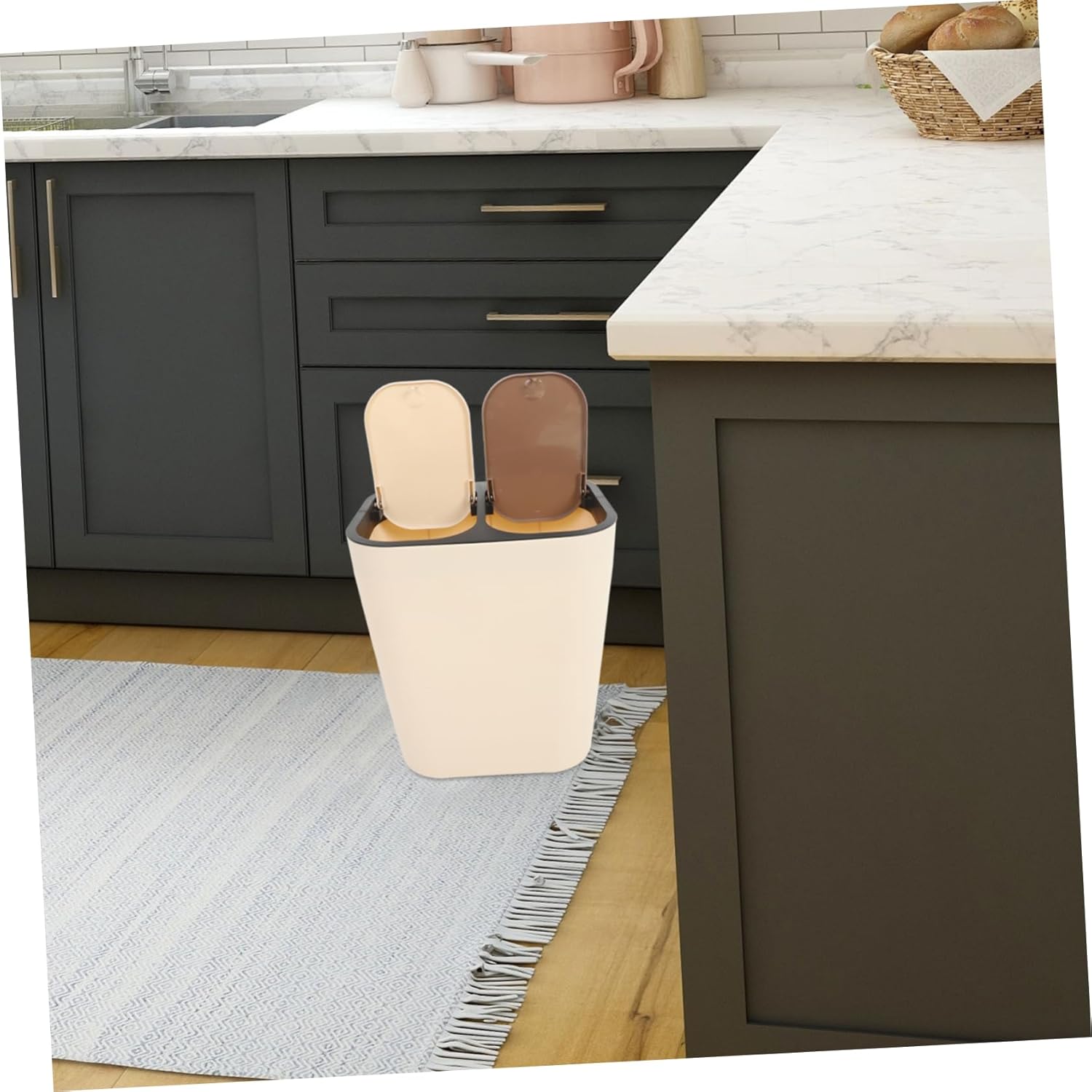 Dual Compartment Trash Can with Lid Press Waste Basket for Wet Dry Separation for Kitchen Bathroom Bedroom Khaki Color High Capacity Garbage Bin for Recycling
