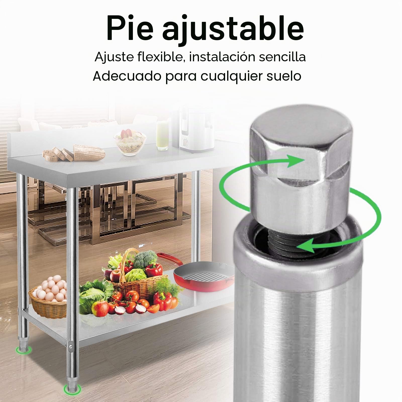 HENGMEI Mesa de cocina de acero inoxidable, altura regulable, para cocina, bar, restaurante, 100 x 60 x 85 cm, con borde