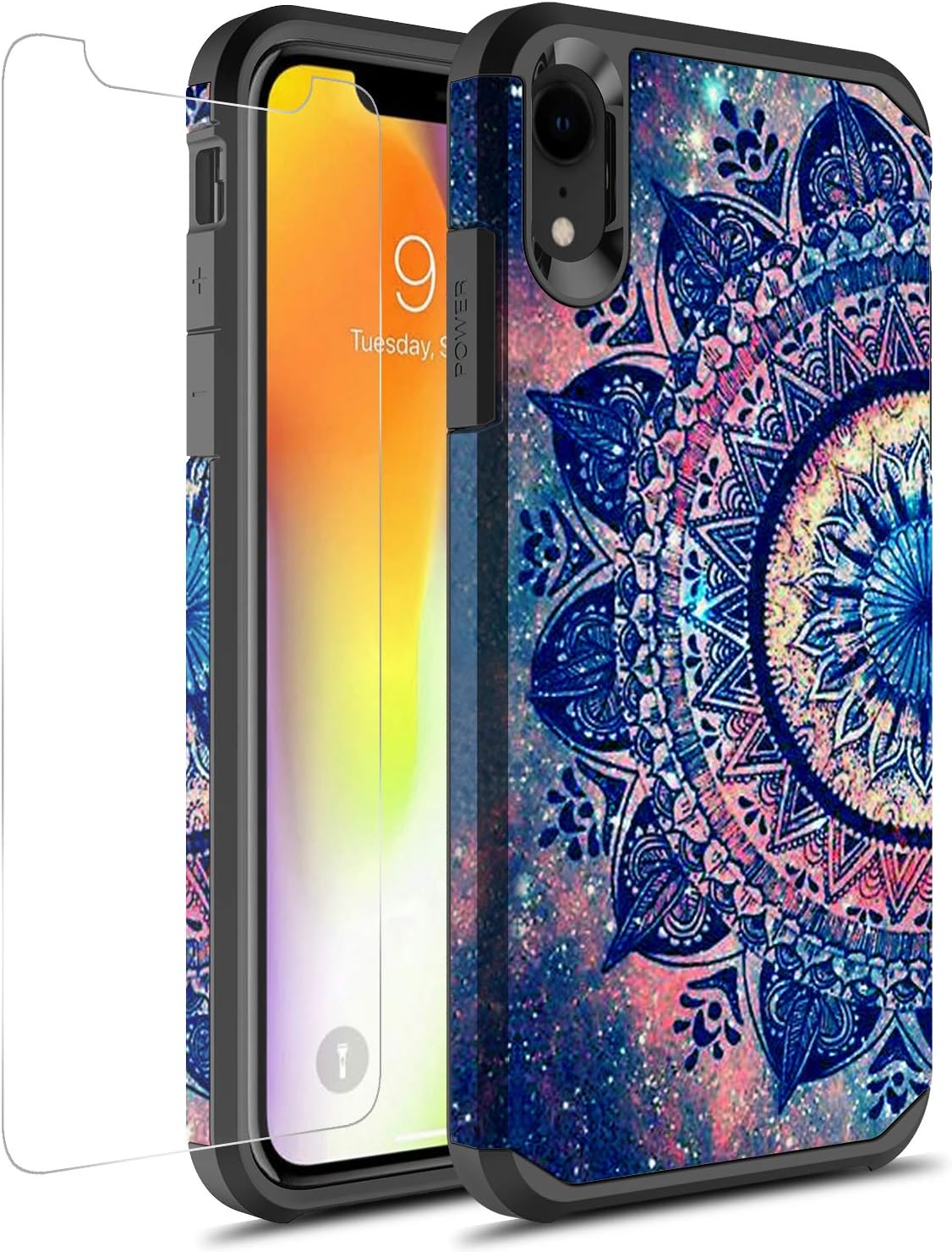 iPhone Xr Case With Tempered Glass Screen Protector, Rosebono Slim Hybrid Dual Layer Graphic Fashion Colorful Cover Armor Case for Apple iPhone X R (Mandala)