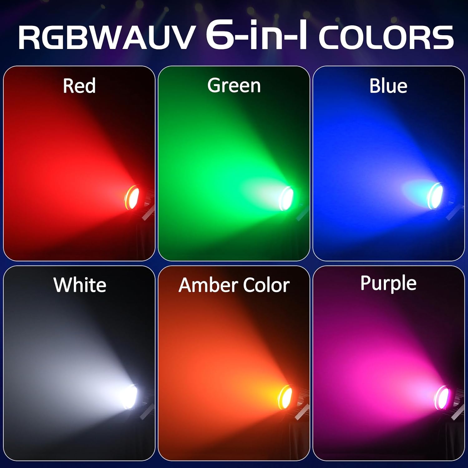 Six individual spotlights showing Red, Green, Blue, White, Amber, and UV colors from the 6-in-1 RGBWAUV COB LED.
