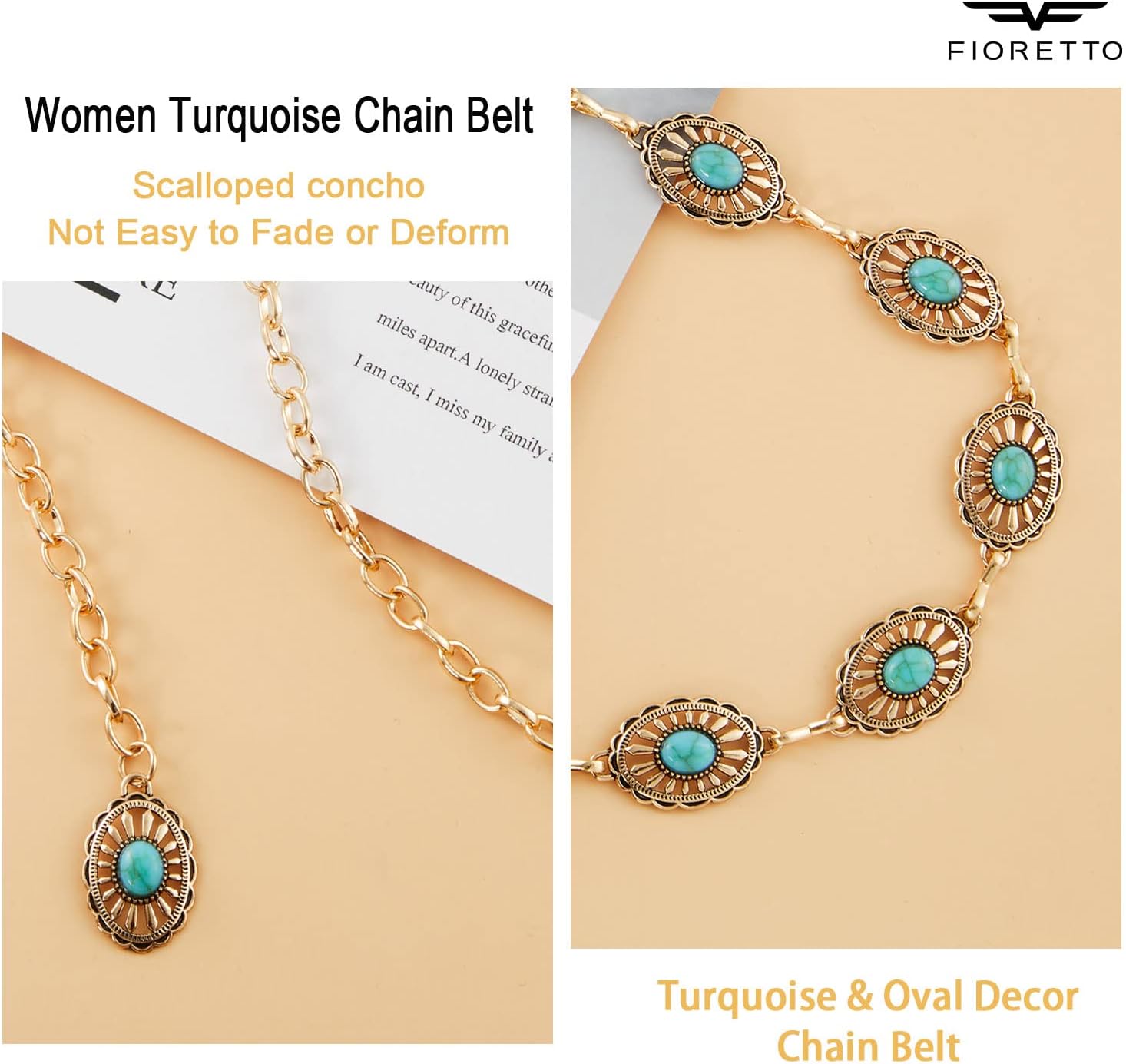 FIORETTO Metal Waist Chain Link Belt for Women Western Cowgirl Boho Turquoise Belts for Dress Jeans Country Concert Outfit - Image 3