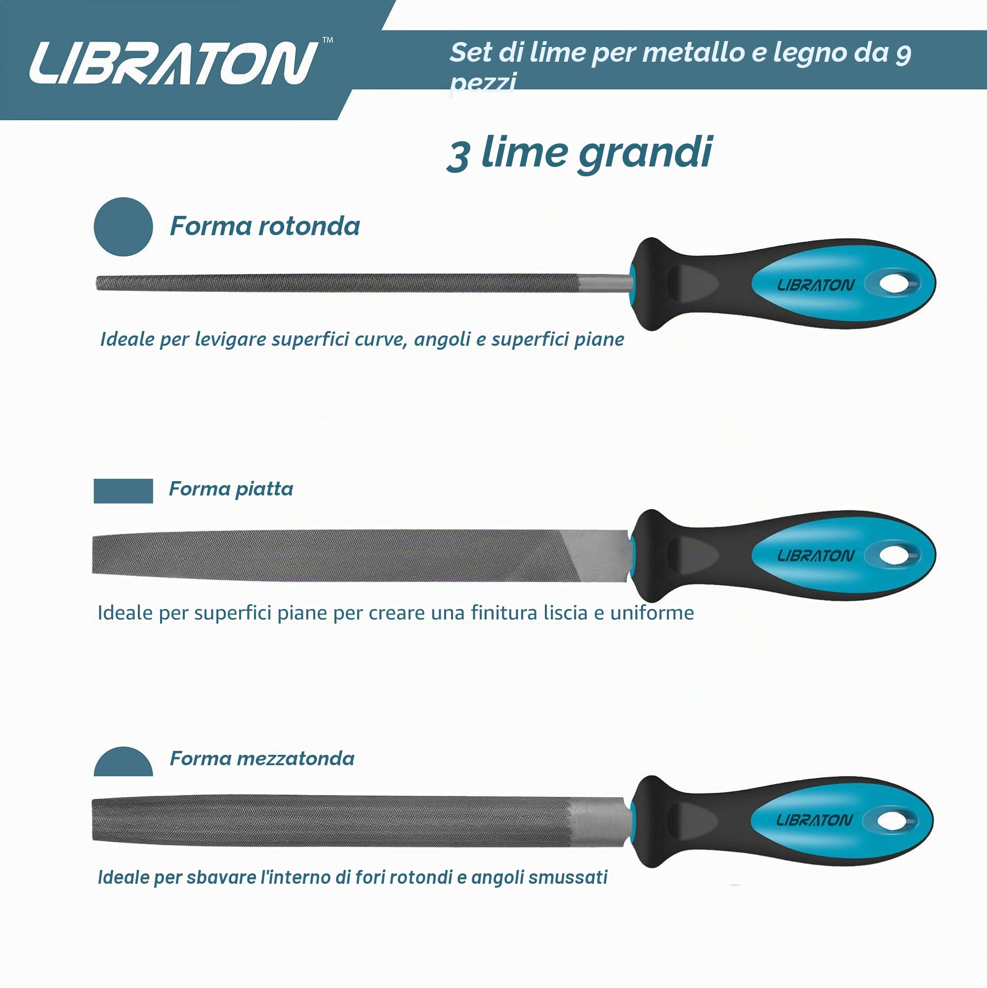LIBRATON Set di Lime e Raspe per Legno 9 Pezzi, Set di File di Metallo | lnclude Piatta, Tonda, Semitonda e 6 lime ad ago, adatto per Legno, Metallo etc