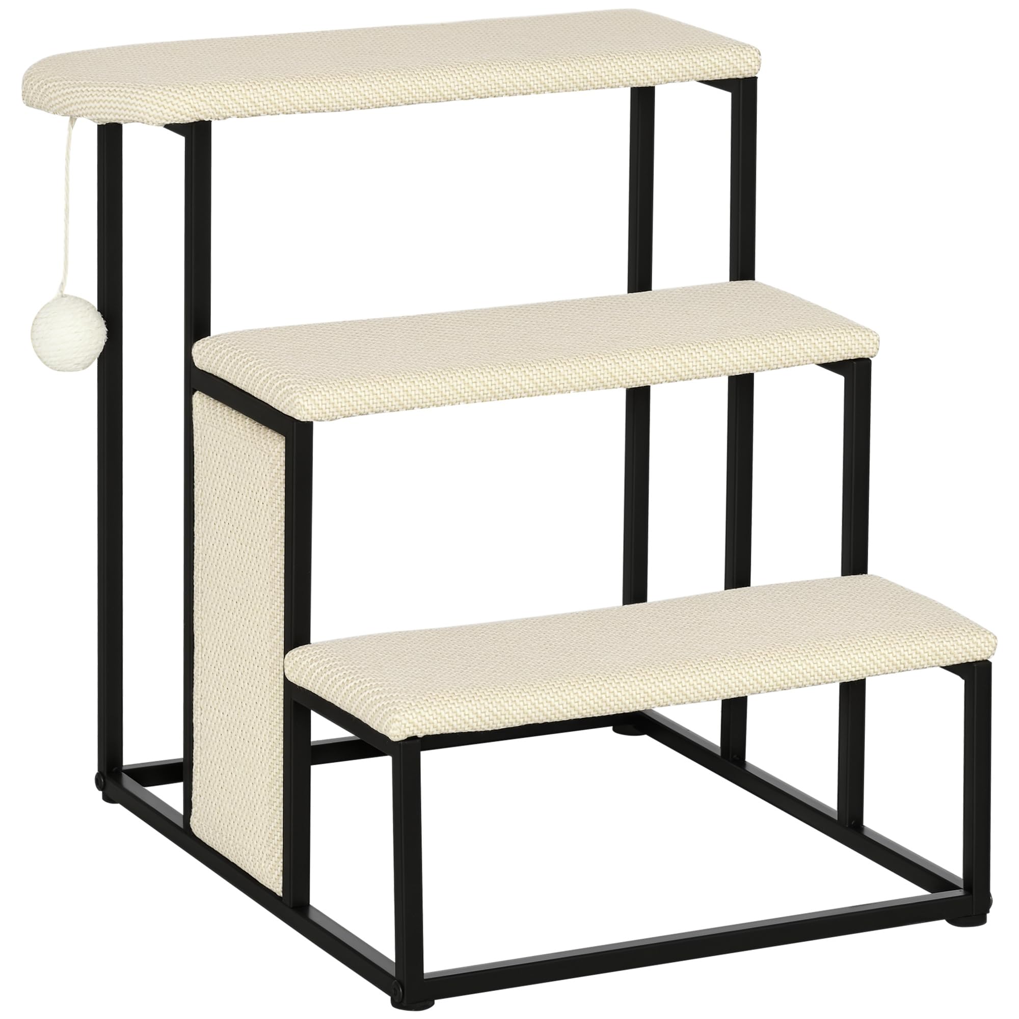 PawHut Escalera para Perros de 3 Niveles Escalera para Mascotas con 3 Escalones Bola Colgante Tablero de Rascar y Marco de Acero 47x45x47 cm Crema y Negro