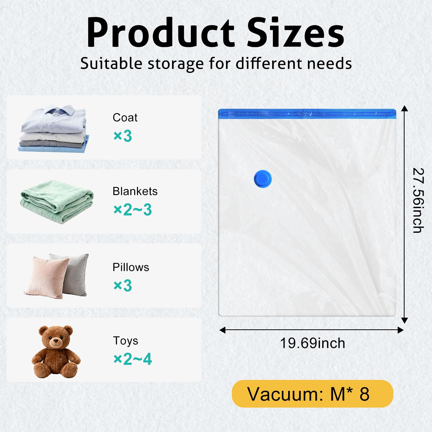 Lot de 8 sacs de rangement sous vide de voyage avec pompe à main, sacs de rangement scellés sous vide pour vêtements, couvertures, vêtements, valise, de taille moyenne (transparent)