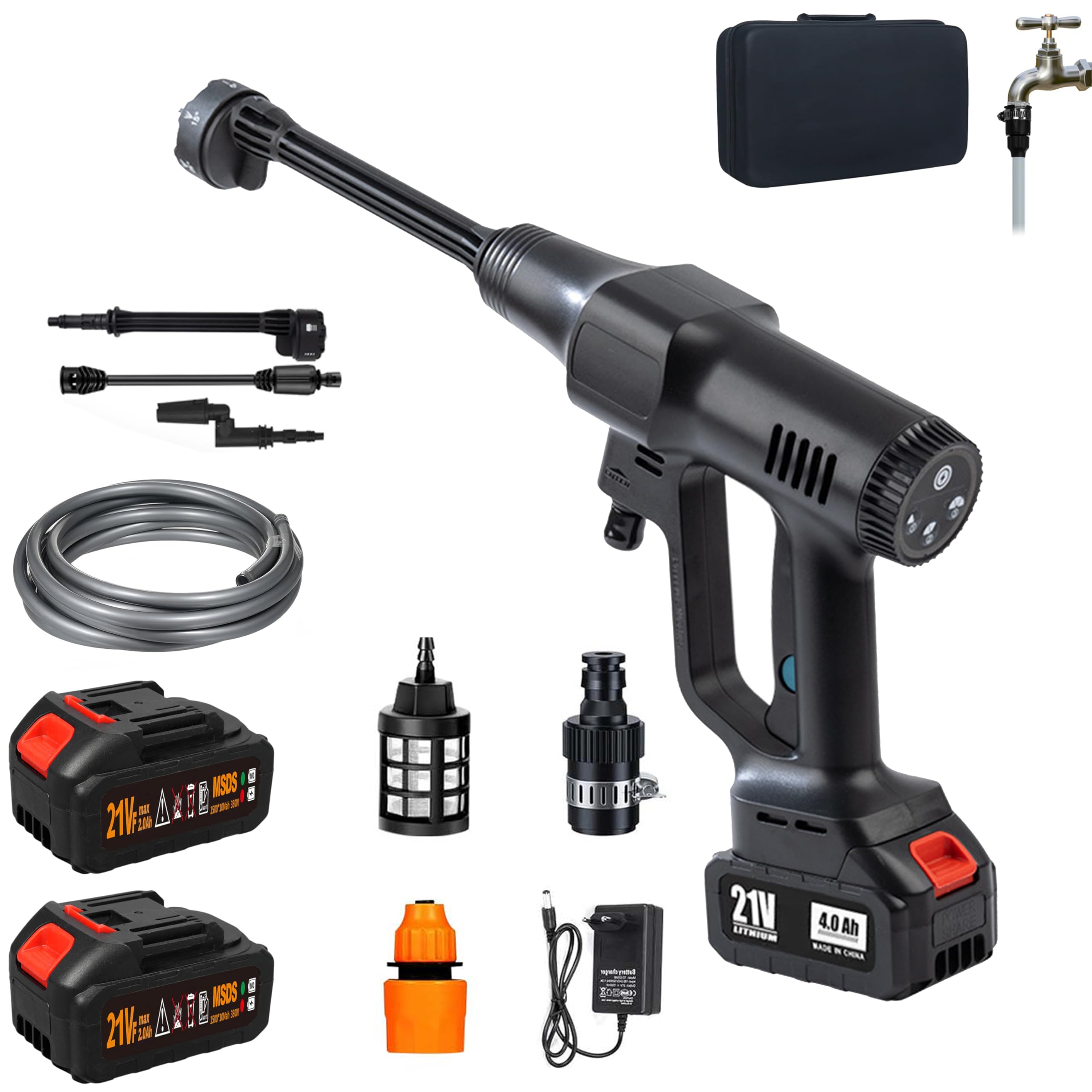 Idropulitrice a Batteria, Idropulitrice Portatile da 60 Bar con 2*4.0Ah Batterie (IPX7), Ugello 6-in-1, Tubo 8,5M, Regolabile 3 Livelli Idropulitrice Professionale per Pulizia di Auto Giardino