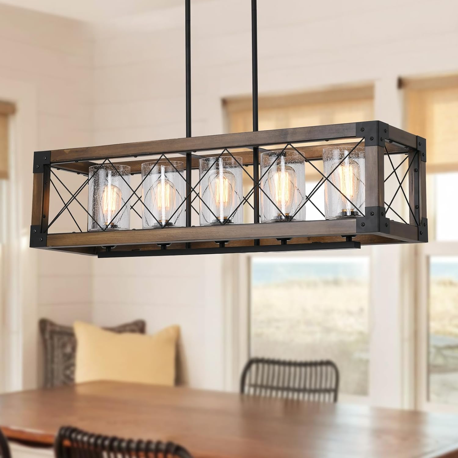 WJShome 35" Farmhouse Chandelier, 5-Light Kitchen Island Lighting, Modern Rectangular Dining Room Light Fixture, Rustic Wooden Chandeliers, Linear Pendant Light, with Clean Glass Shade