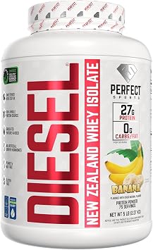 PERFECT SPORTS Diesel 100% New Zealand Whey Protein Isolate | Stevia Sweetened, No Artificial Ingredients, Keto | 0g Carb, 0g Fat, 27g Protein | 5 Pounds Banana