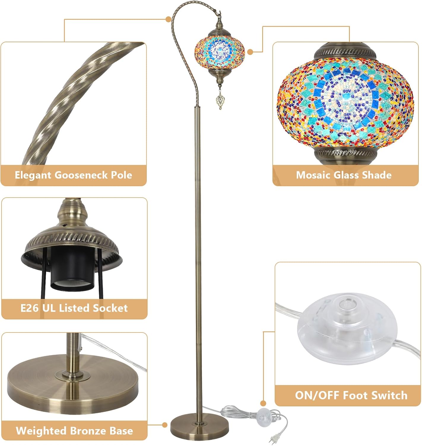 Turkish Floor Lamp, Modern Moroccan Lamps for Living Room with Handmade Mosaic Glass Shade, Vintage Floor Lamp Tall Pole Lamp, Bronze Tiffany Standing Lamps for Bedroom Corner Light