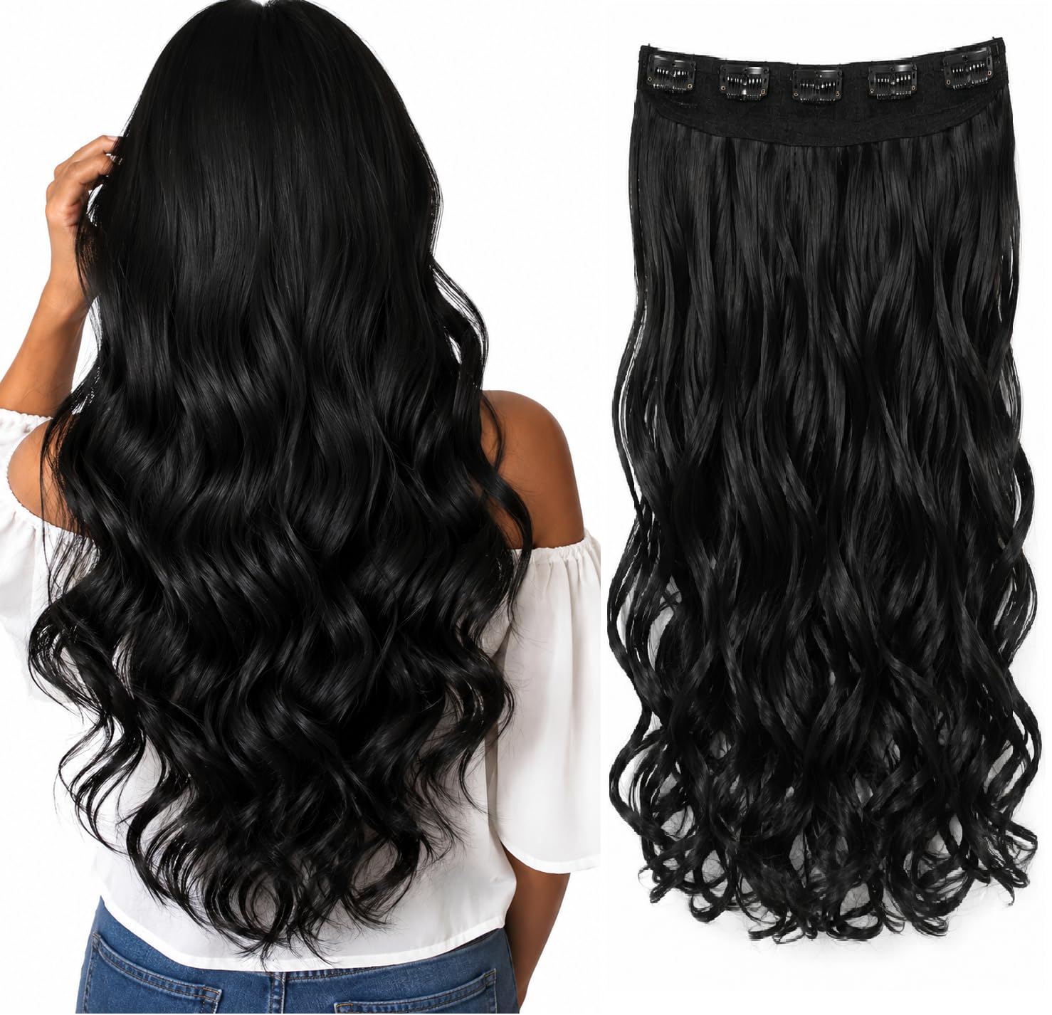 MoonEyes Curly wavy hair extension in 5 clip 24 inch (Black)-image-19