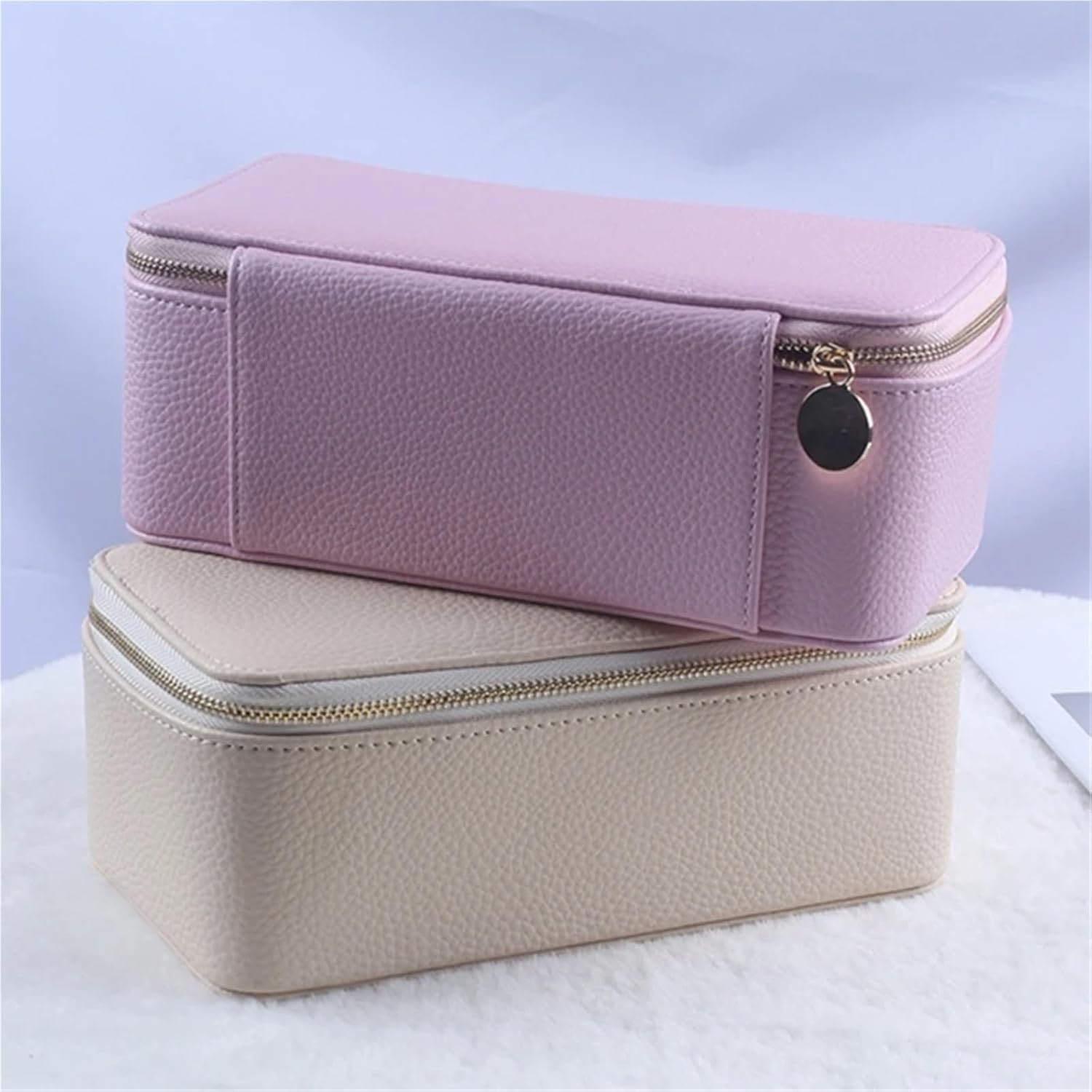 Jewelry Organizer Elegant Travel Jewelry Case With 12 Velvets Zippers Pouches PU Leather Earrings Necklaces Accessories Holder(Beige)