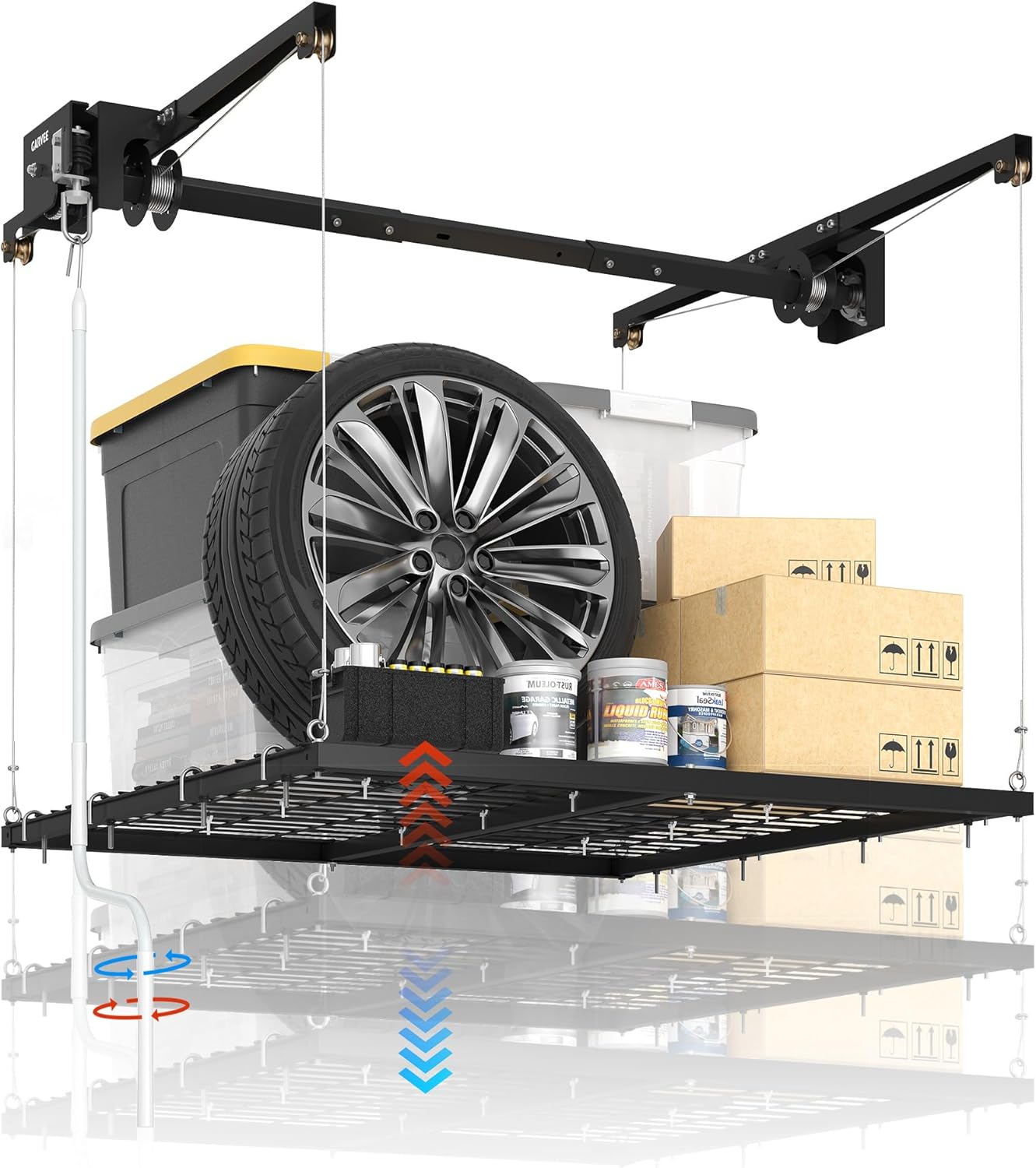 GarveeHome Heavy Duty Overhead Garage Storage Rack Lift – 4x4 ft, 350 lbs Capacity, Hand Crank Adjustable Ceiling Organizer, Max 79 in Height, Matte Black Finish