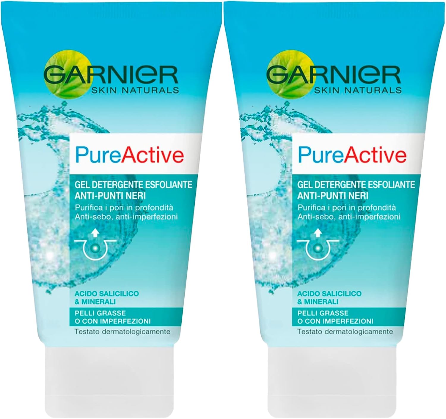 Garnier Skin Naturals Pure Active Peeling-gel tegen mee-eters, anti-talg, anti-onzuiverheden, formule met salicylzuur en mineralen voor de vette huid, 2 flessen à 150 ml