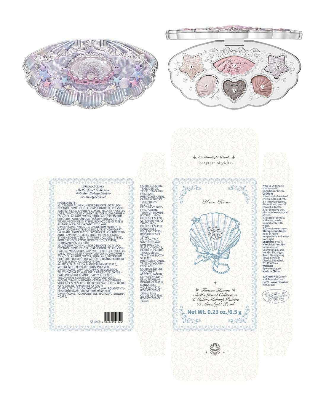 Flower Knows Shell's Jewel 6-Color Makeup Palette,Nude Pink Eyeshadow with 4 Matte + 2 Shimmer Shades,Blendable Smooth Cute Make Up,0.23 Oz(01 Moonlight Pearl) - Image 8