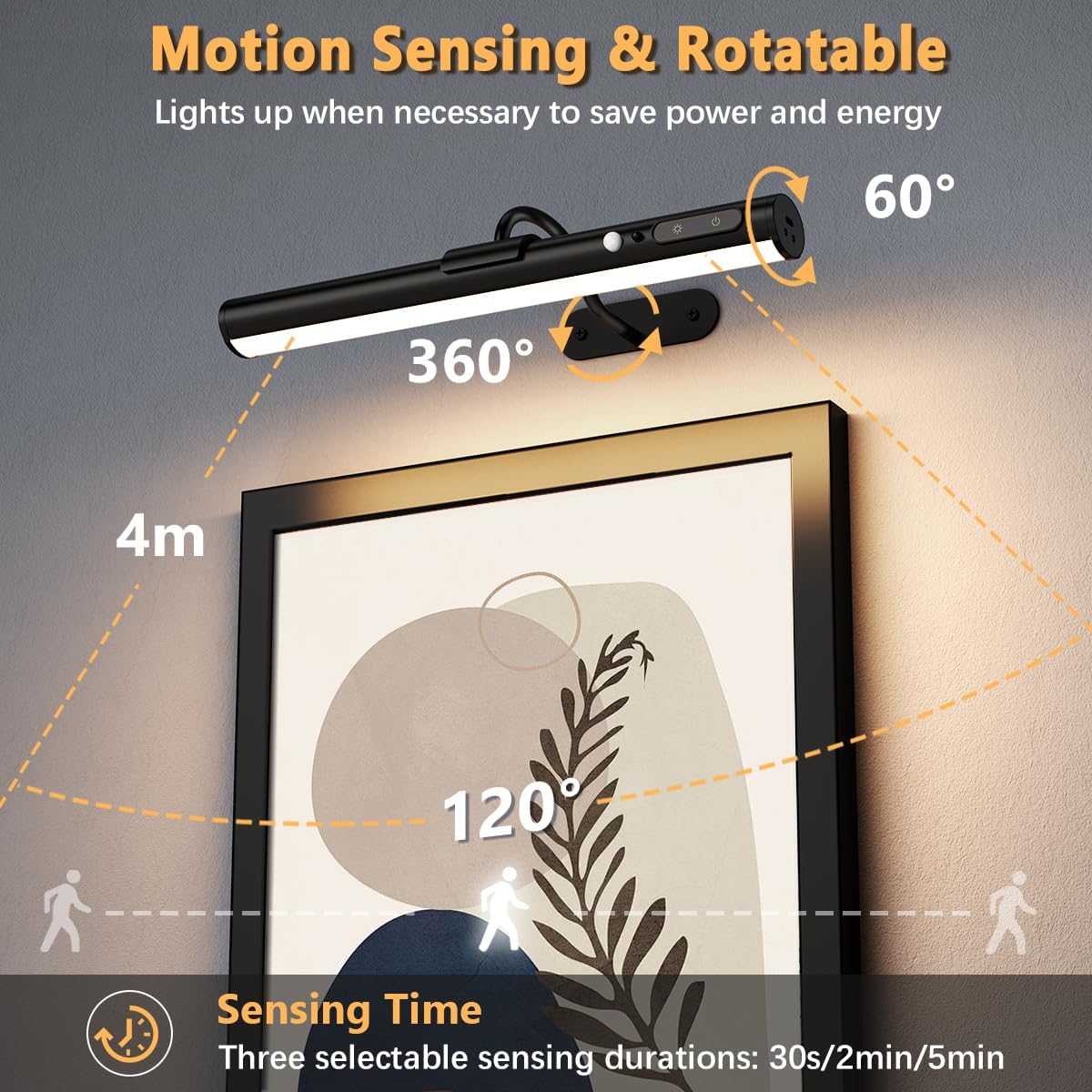 Motion Sensor Battery Operated Picture Light, Wireless Rechargeable Magnetic Art Wall Sconce with Remote Control, LED Picture Frame Lights for Paintings Mirror Portrait Gallery Dart Poster (Black)