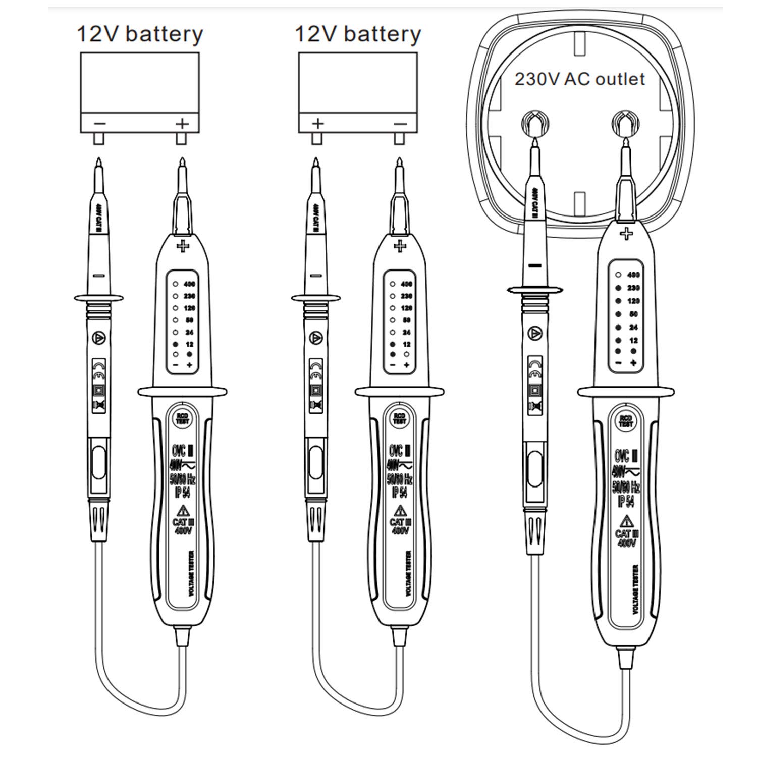 KPS-DT220 Detector de tensión y prueba de diferenciales, tensión 12V-400V, polaridad, RCD (Dispositivo de Corriente Residual) e indicador LED, IP54