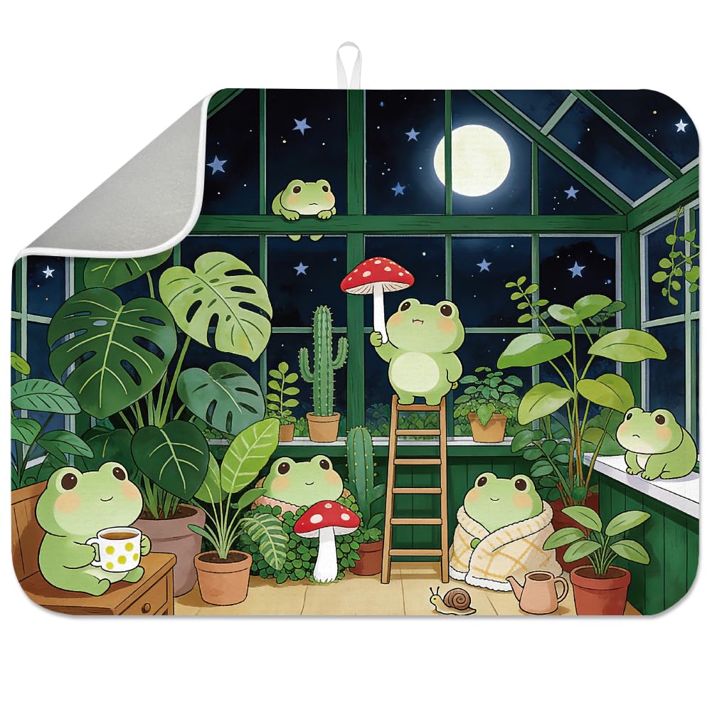 INFUNLY Cartoon Frog Dish Drying Mat 17.7x23.6 Frogs Greenhouse Dish Drying Mats Moonlit Greenhouse Plant Absorbent Mat Houseplant Frogs Placemats for Table Countertop Sink Coffee Bar