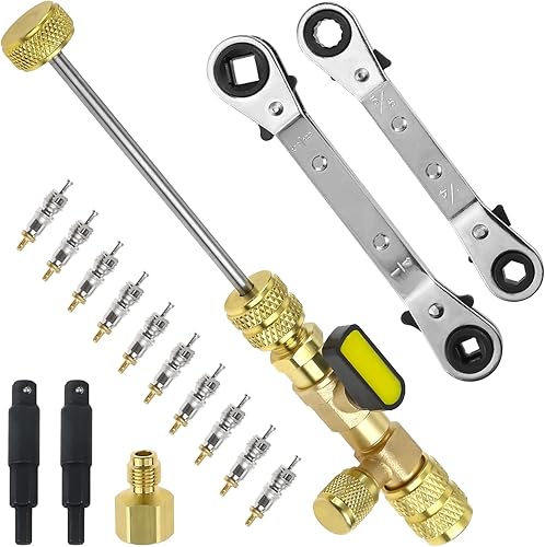 Herramienta de instalación de removedor de núcleo de válvula y juego de llaves de servicio HVAC con adaptadores de brocas hexagonales, puerto SAE de