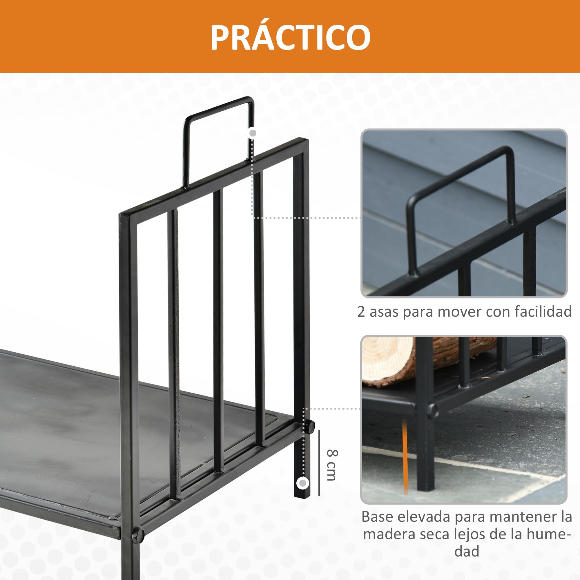 Outsunny Estante de Leña para Chimenea Tradicional Leñero Interior y Exterior Almacenaje para Madera Soporte para Leña con Asas Diseño Elevado 44,5x33x46,5 cm Negro