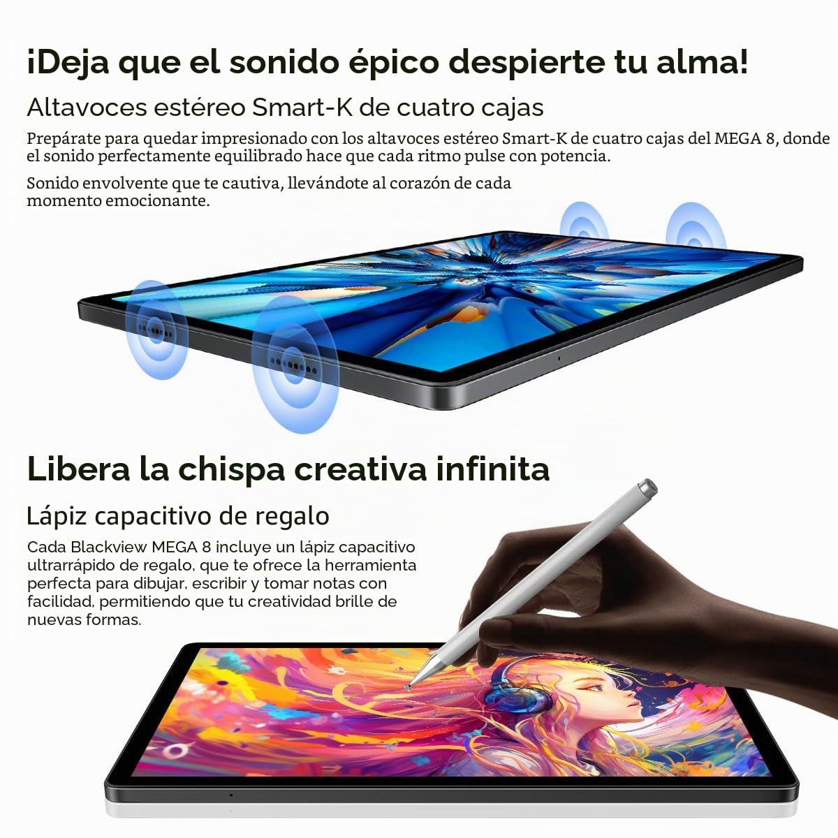 Blackview Mega 8 Tableta 13 Pulgadas Android 15, 36GB+512GB/TF 2TB Tableta Táctil, Altavoces Quad-Box, 2K FHD+, 4G LTE WiFi 5G, 50MP+13MP, 11000mAh, Modo PC, OTG, Funda + Lápiz Inteligente, Negro