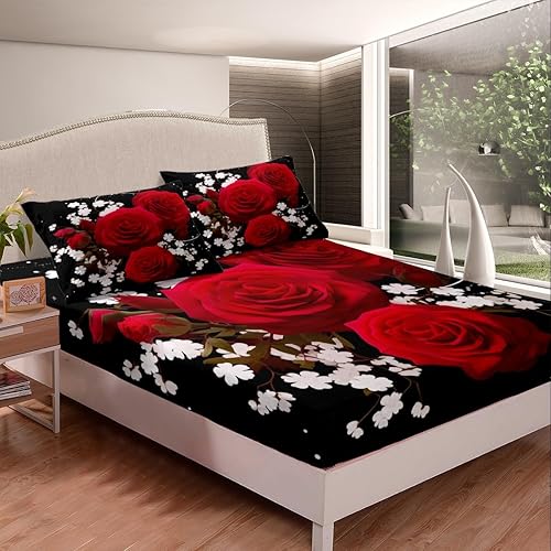 Miniatura 2 de Erosebridal Juego de sábanas de rosas rojas, tamaño Queen, para niñas, adolescentes, adultos, mujeres, parejas, juego de ropa de cama vintage
