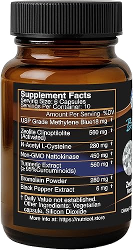 Miniatura 3 de Nutricel Blue Remove - Azul de metileno de grado USP 60 cápsulas con zeolita micronizada, nattoquinasa (sin OGM), cúrcuma, bromelina y NAC, marca de