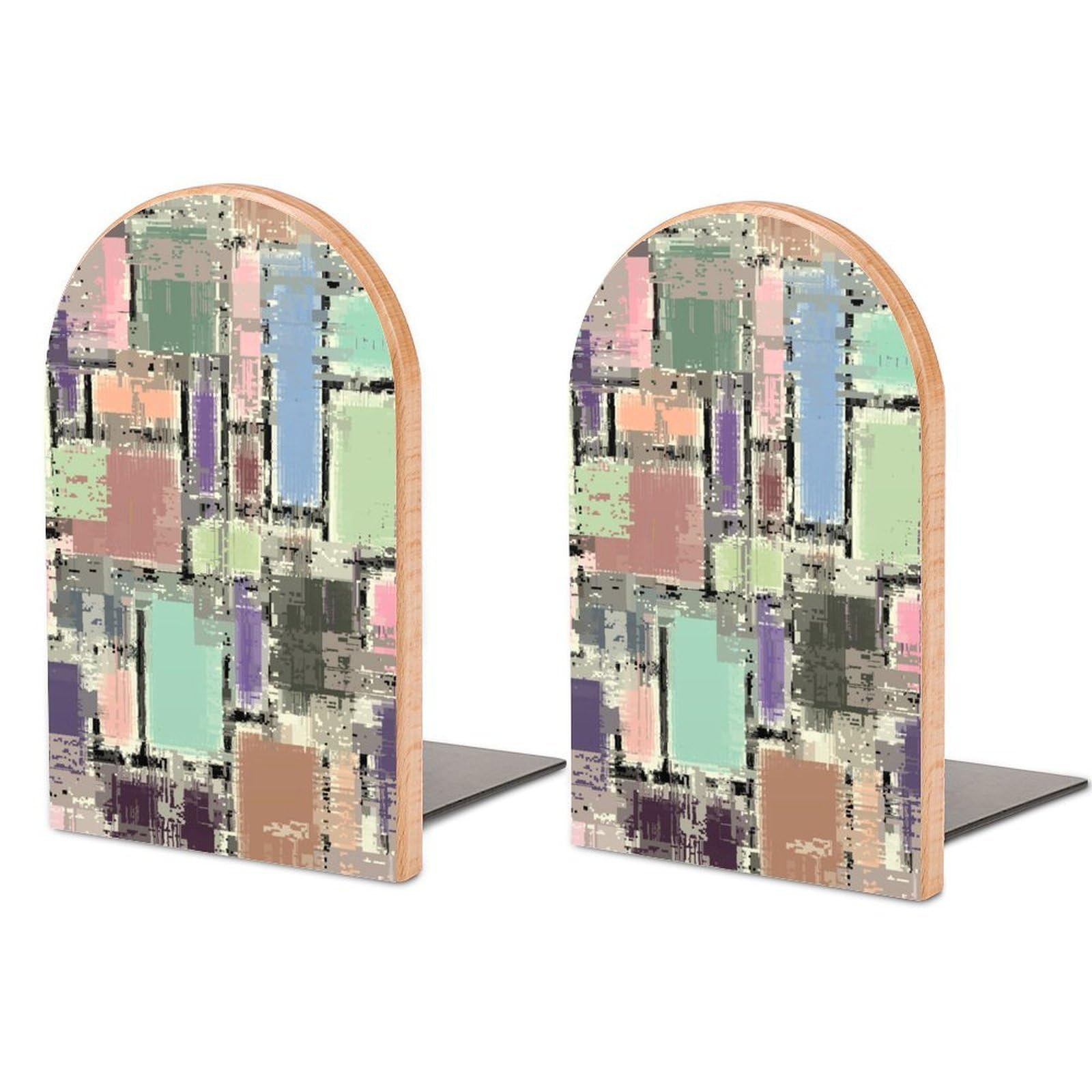 Seamless Pattern with Colorful Checkered Beech Wood Bookends Heavy Duty Book Organizers Desktop File Holder for Office Home Bookshelf