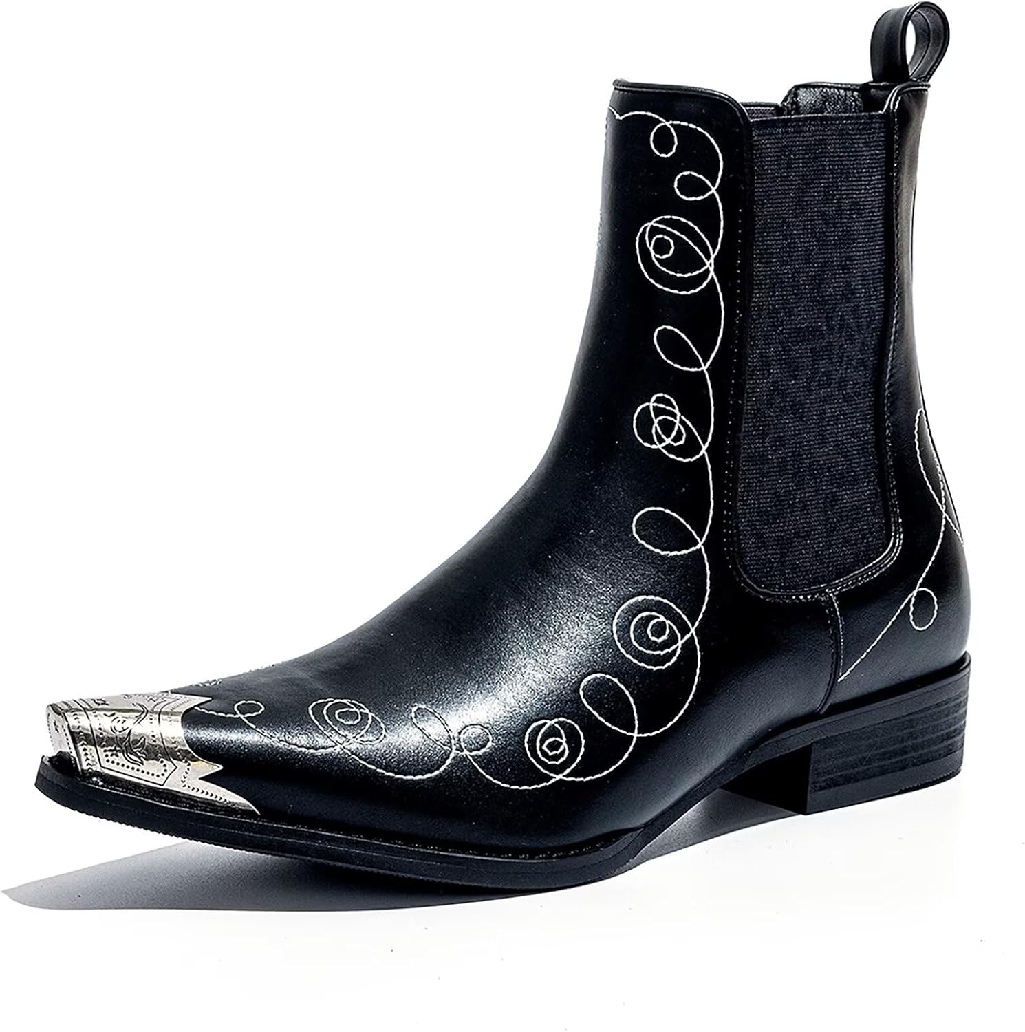 Men's Chelsea Boots with Floral Jacquard Fabric and Silver Toe Cap Slip On Dress Boots for Stage, Party, Fashion, Casual, Stylish Shoes