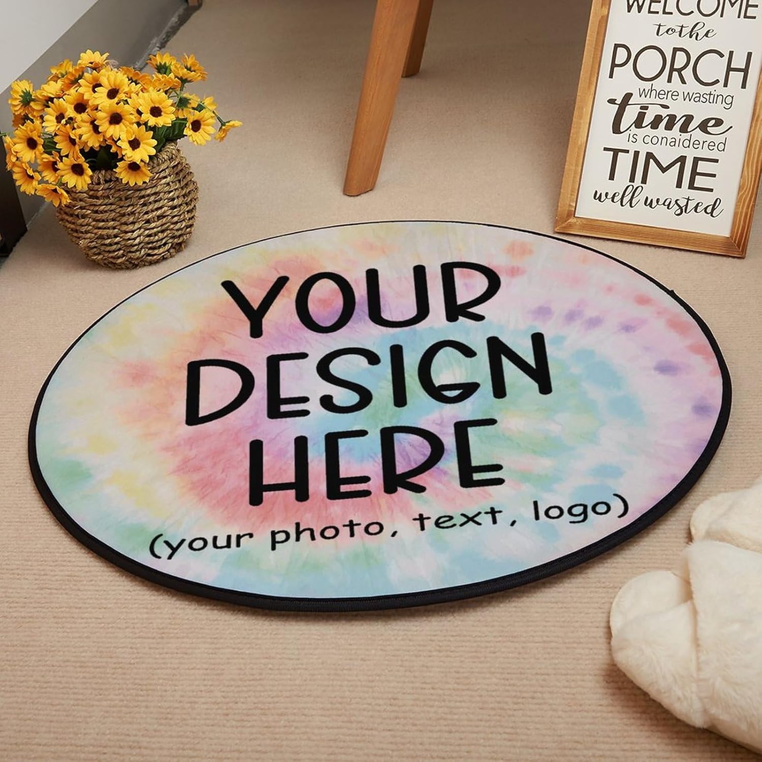 Custom Round Area Rugs with Logo, Picture, Image, Name, Text Customized Flannel Washable Floor Mats Personalized Halloween Thanksgiving Christmas Circle Rugs for Living Room Nursery Bedroom 36"