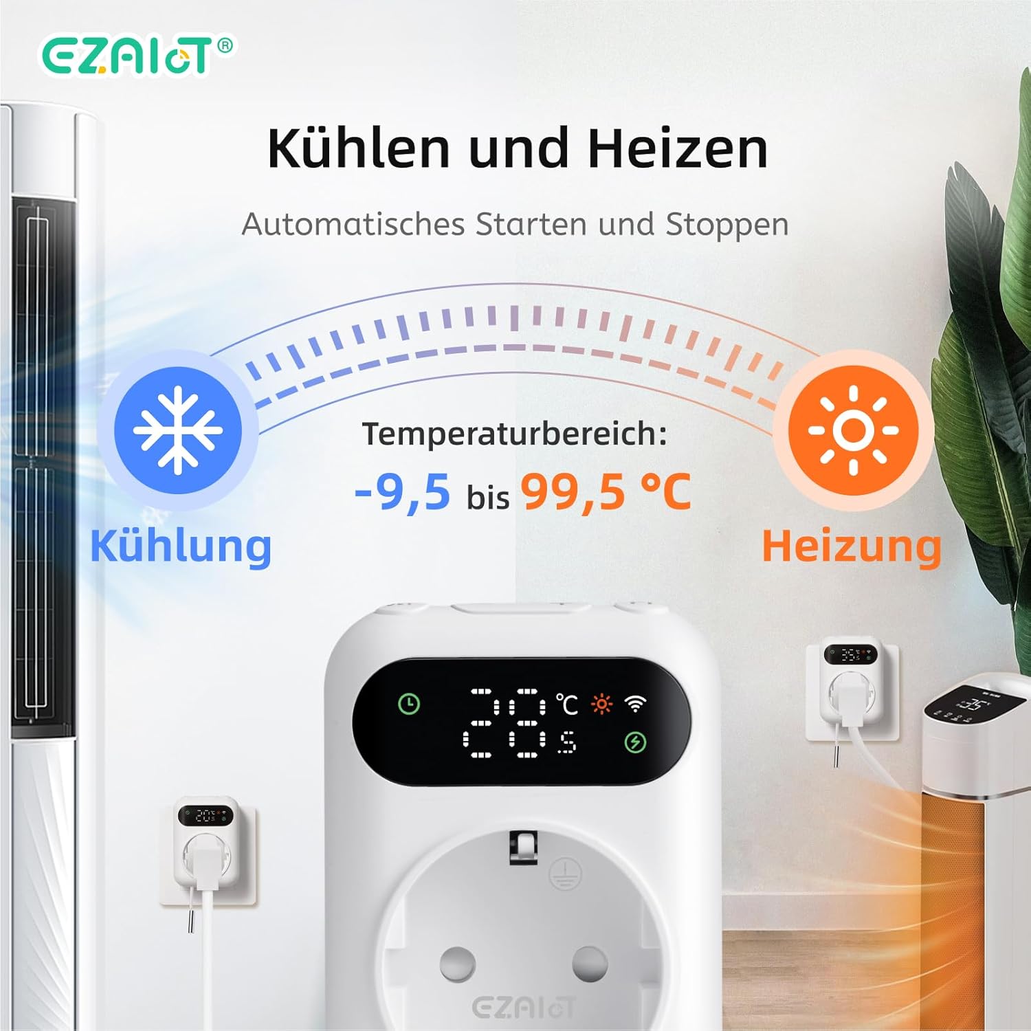 EZAIoT Thermostat Plug illustrating heating and cooling modes with temperature range