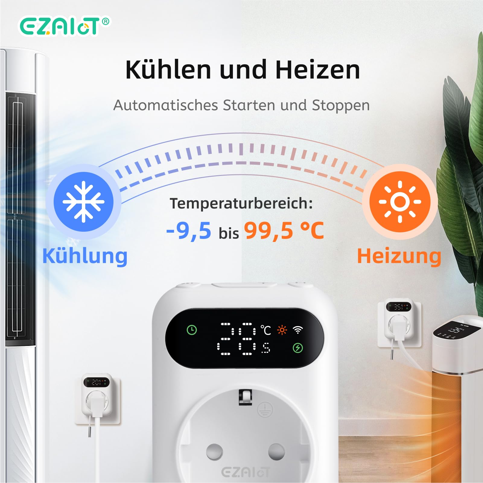Steckdosen-Thermostat WLAN mit Zeitschaltuhr, 230V | Digitaler Temperaturregler für Heizung & Kühlung. Inkl. 3m Fühler für Gewächshäuser & Aquarien. LED-Bildschirm.