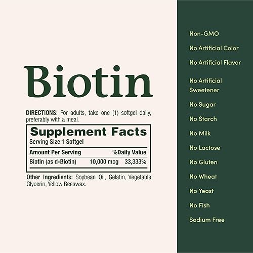Miniatura 5 de Nature’s Bounty - Biotina de 10,000 mcg, fortalece la salud del cabello, la piel y las uñas, cápsulas blandas de liberación rápida, 180