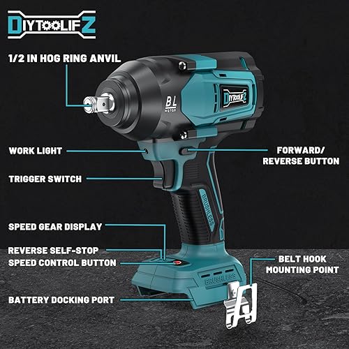 Miniatura 7 de Llave de impacto inalámbrica de 12 pulgada para batería Makita de 18 V, 600 pies-libras (810 N. m) Herramienta eléctrica sin escobillas de alto par