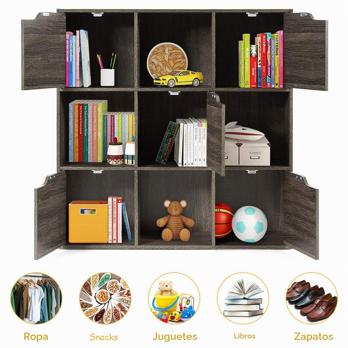 RELAX4LIFE Estantería Libros de 3 Niveles con 9 Compartimentos y 5 Puertas, Estantería de Madera con Dispositivo Antivuelco para Salón, Oficina y Estudio, Muebles de Salón, 90x29x90cm (Gris)
