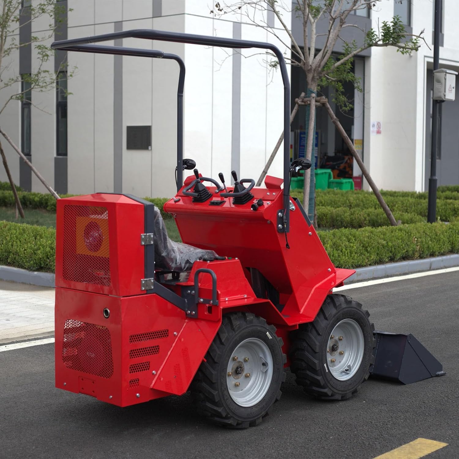 Mini Skid Steer Loader with Wear-Resistant Tires and Foldable Pedals, Skid Steer Loader with Backhoe Attachment for Construction, Industrial Sites, and Rough Landscapes