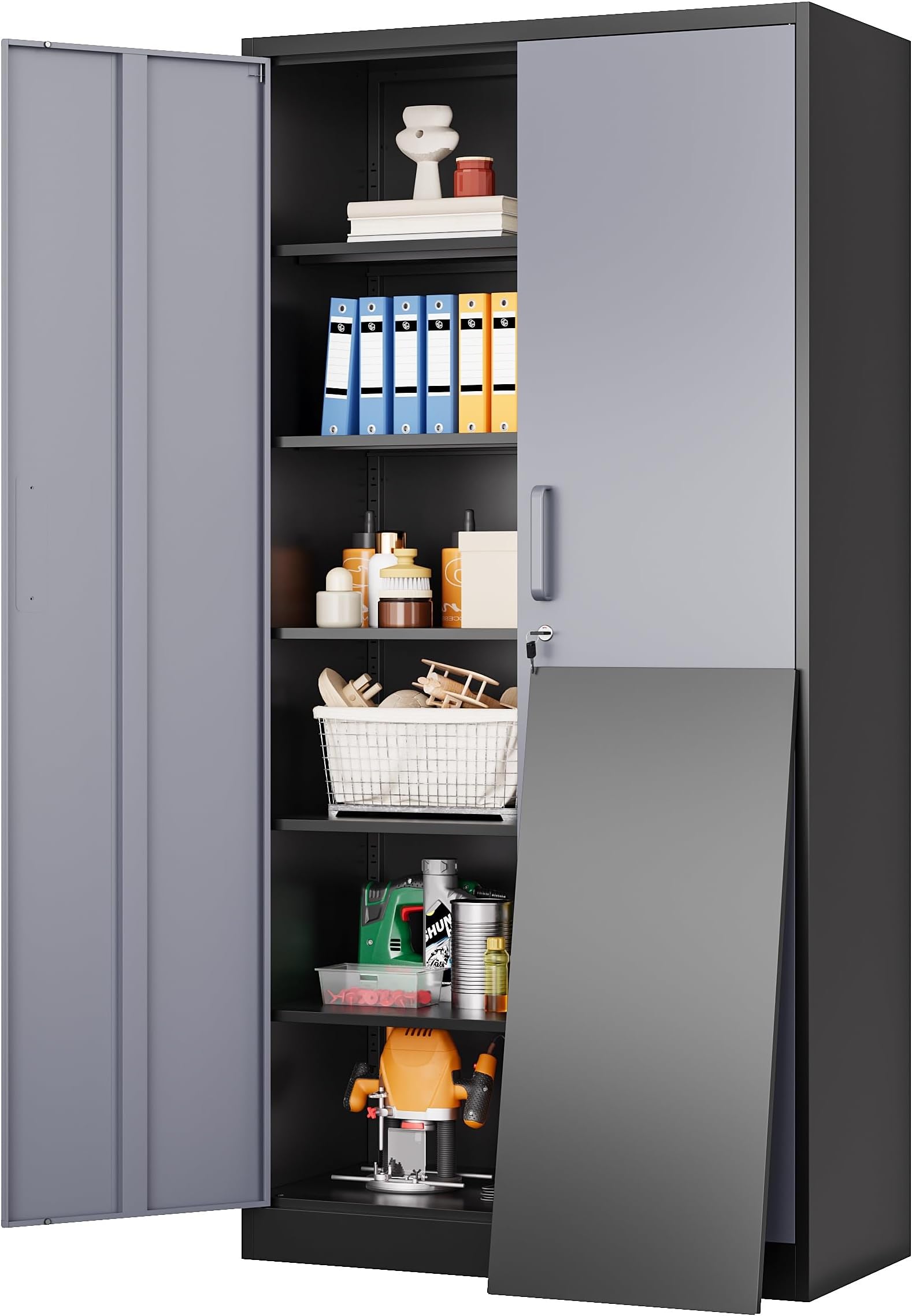 Metal Garage Storage Cabinet with 2 Doors and 4 Adjustable Shelves 72" Pantry Cabinet Utility Storage Cabinet Locking Steel Storage Cabinet Utility Locker Multifunctional Garage Storage 72x32x16