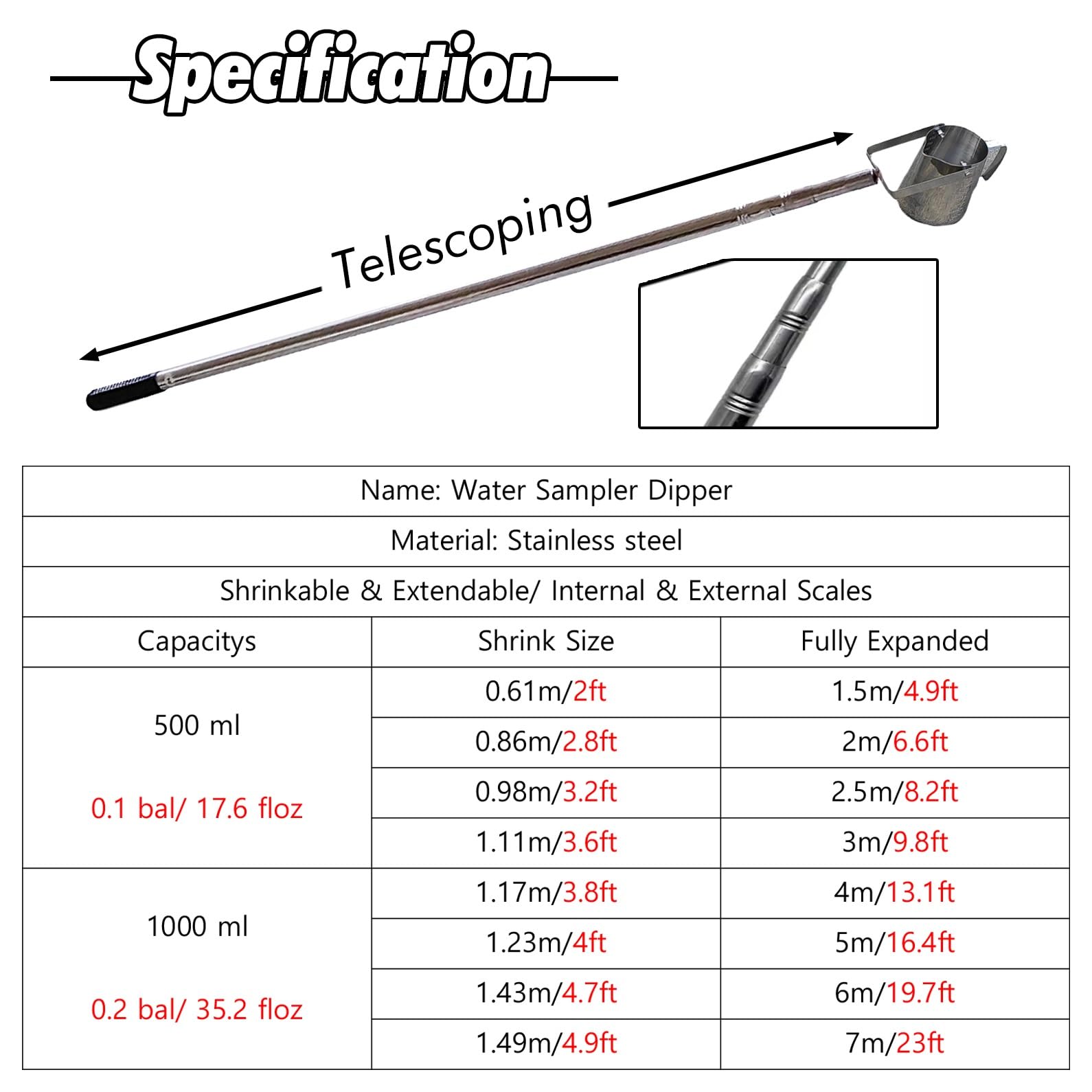 SRNSAEB Water Sample Collecting Pole System, Sturdy Water Sampler Collection Rod for Deep Well Sampling, Accurate Liquid Sample Cups Professional Tool for Researcher(500ml,1.17m/3.8ft-4m/13.1ft)