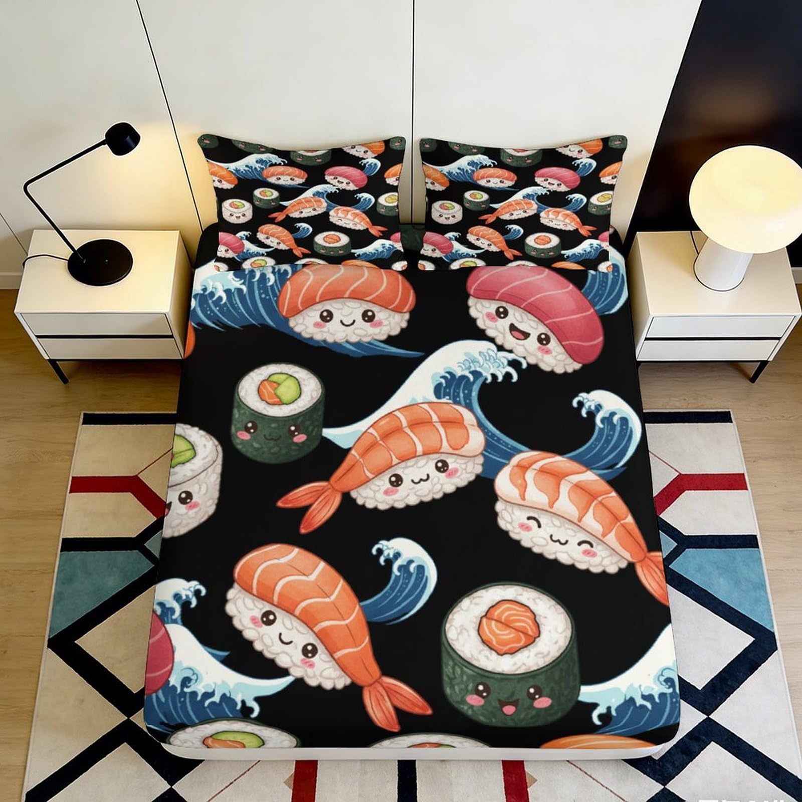 3D Printed Kawaii Sushi Cartoon Fitted Sheet Microfiber Soft Black Japanese Wave Mattress Cover for Bedroom Dorm Decor 90x200x25cm