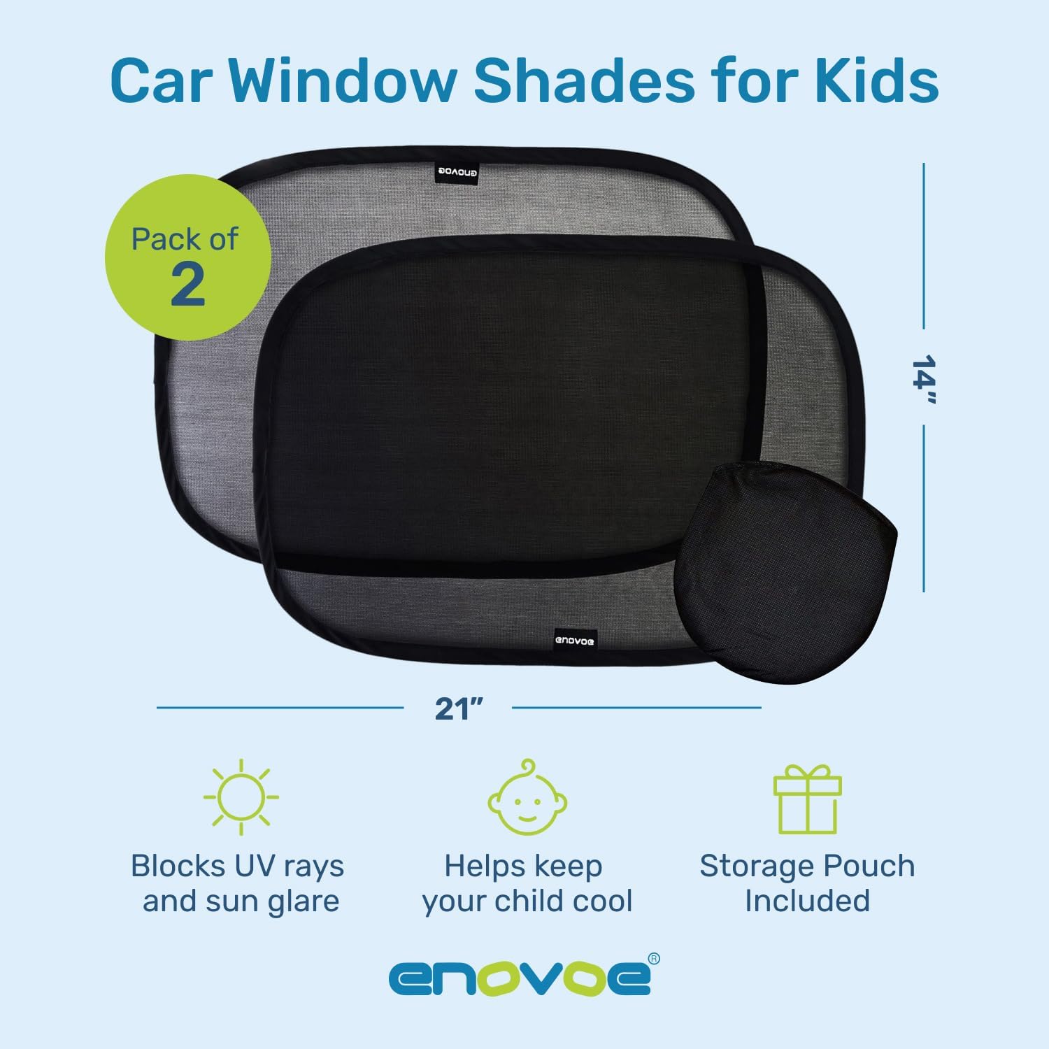 Color Black 2 pack Enovoe Car Window Shades for Baby (2 Pack) - 21x14 Inches Sun Shade Blocker, Cling - Glare Shield and UV Rays Protection for Your Child - Side Windows Screens for SUV- Mesh Window Shades for car Baby
