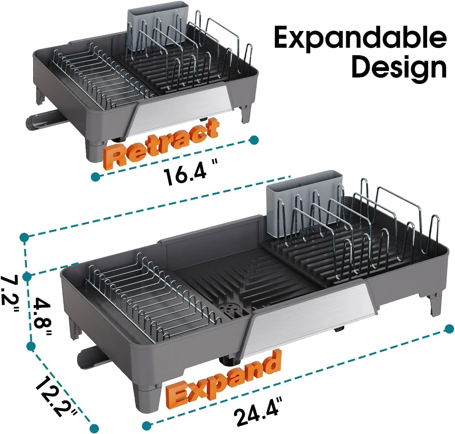 Large Expandable Dish Drying Rack, Dish Racks for Kitchen Counter, Space Saving & Rust Resistant Dish Drainer with Removable Drainboard & Utensil Holder, Adjustable Length 16.4 to 24.4 Inches