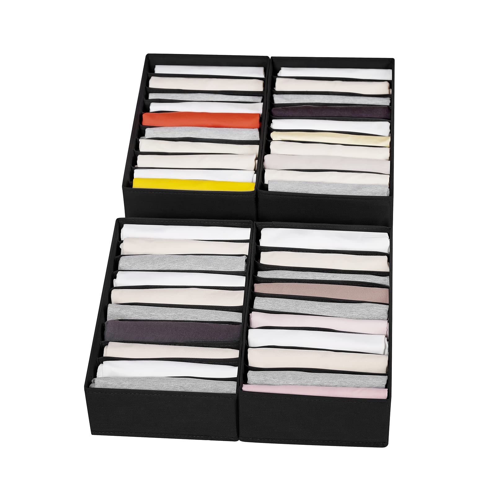 Paquete de 4 organizadores de cajones para camiseta, 10 compartimentos, caja de almacenamiento para armario, organizador de ropa, color negro