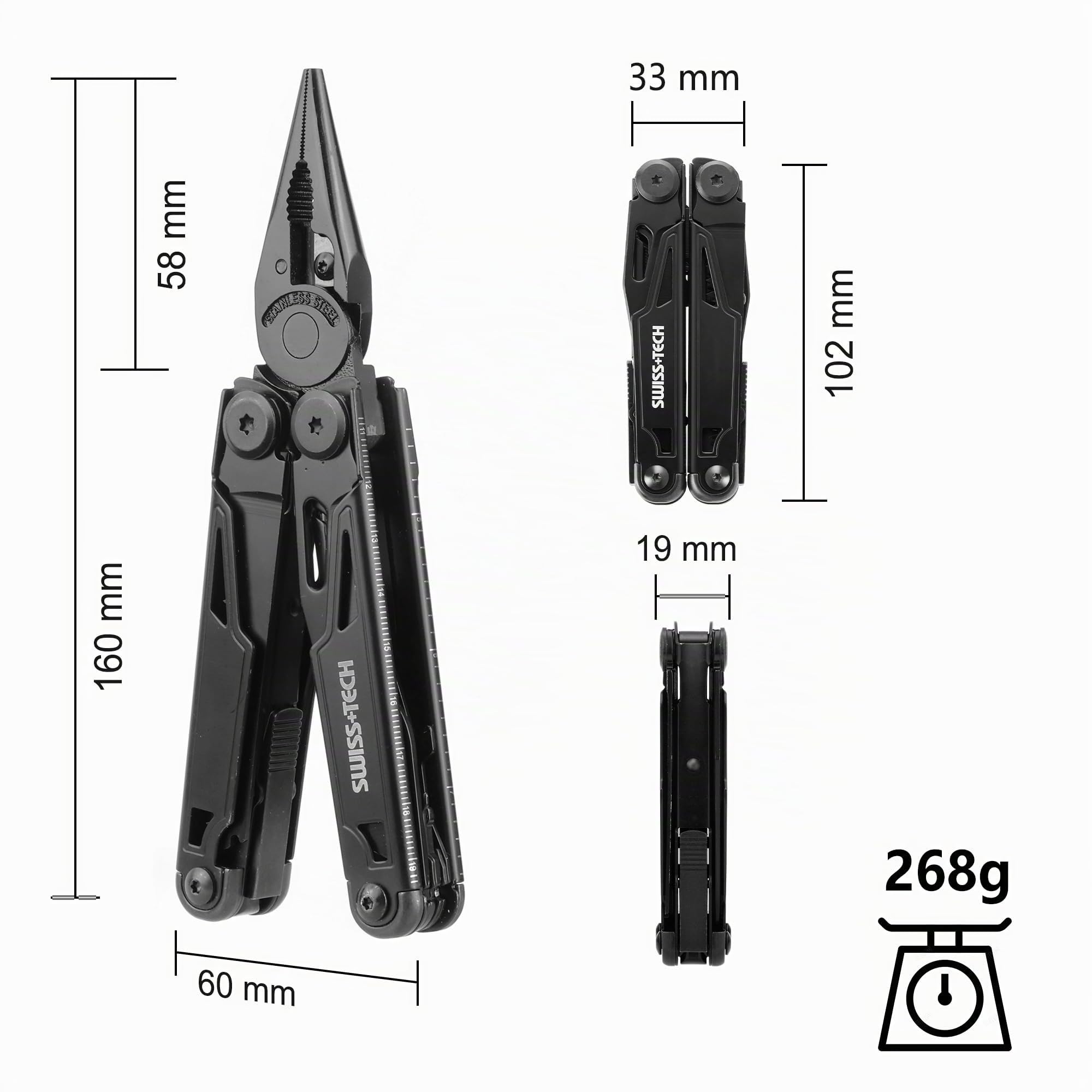 Swiss+Tech Pince Multifonction en Acier Inoxydable 16 en 1 avec Structure Autoverrouillée, Couteau Multifonction avec Scie, Tournevis, Règle, Lime, Ouvre-Boîte pour Camping, Randonnée (Noir)