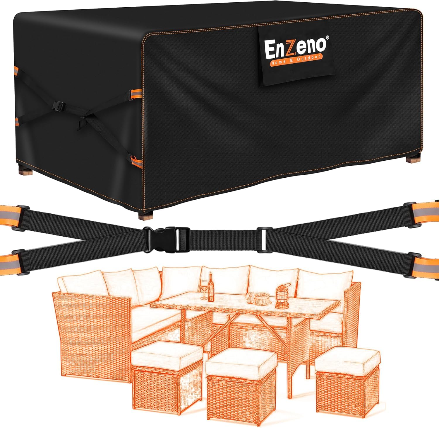Enzeno Housse imperméable pour meubles de jardin en tissu Oxford 500D très résistant avec aérations plus larges pour chaise de patio et table en rotin, rectangulaire, 280 x 205 x 106 cm