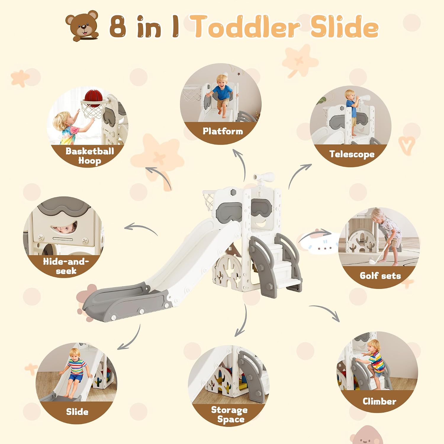 8-in-1 Toddler Slide, Indoor Slide for Toddlers Ages 1-3 and Indoor/Outdoor Play Set Playground with Storage, Climber, Telescope, Golf Set, Drawing Set, Basketball Hoop Bear Theme