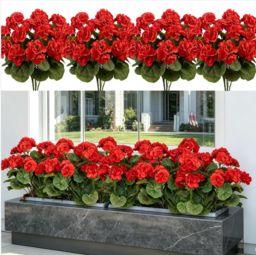 GJFWQC Artificial Geranium Flowers (4-Pack) - Realistic UV-Resistant Fake Plants for Outside Indoor Balcony Window Boxes Garden Decorations