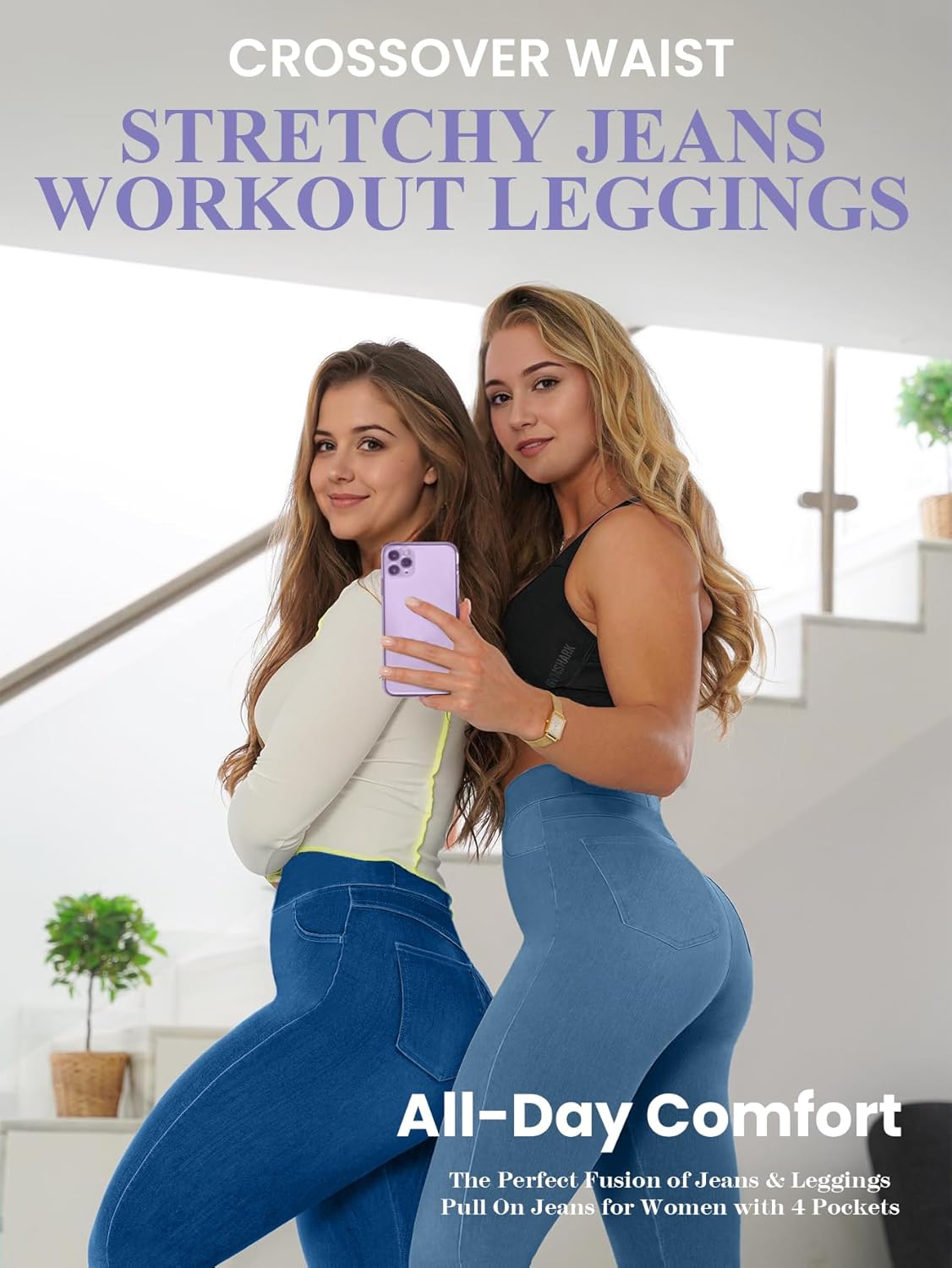 AIMILIA Crossover Jeggings for Women Tummy Control High Waist Pull On Stretchy Jeans Denim Leggings with Pockets Slimming - Image 4